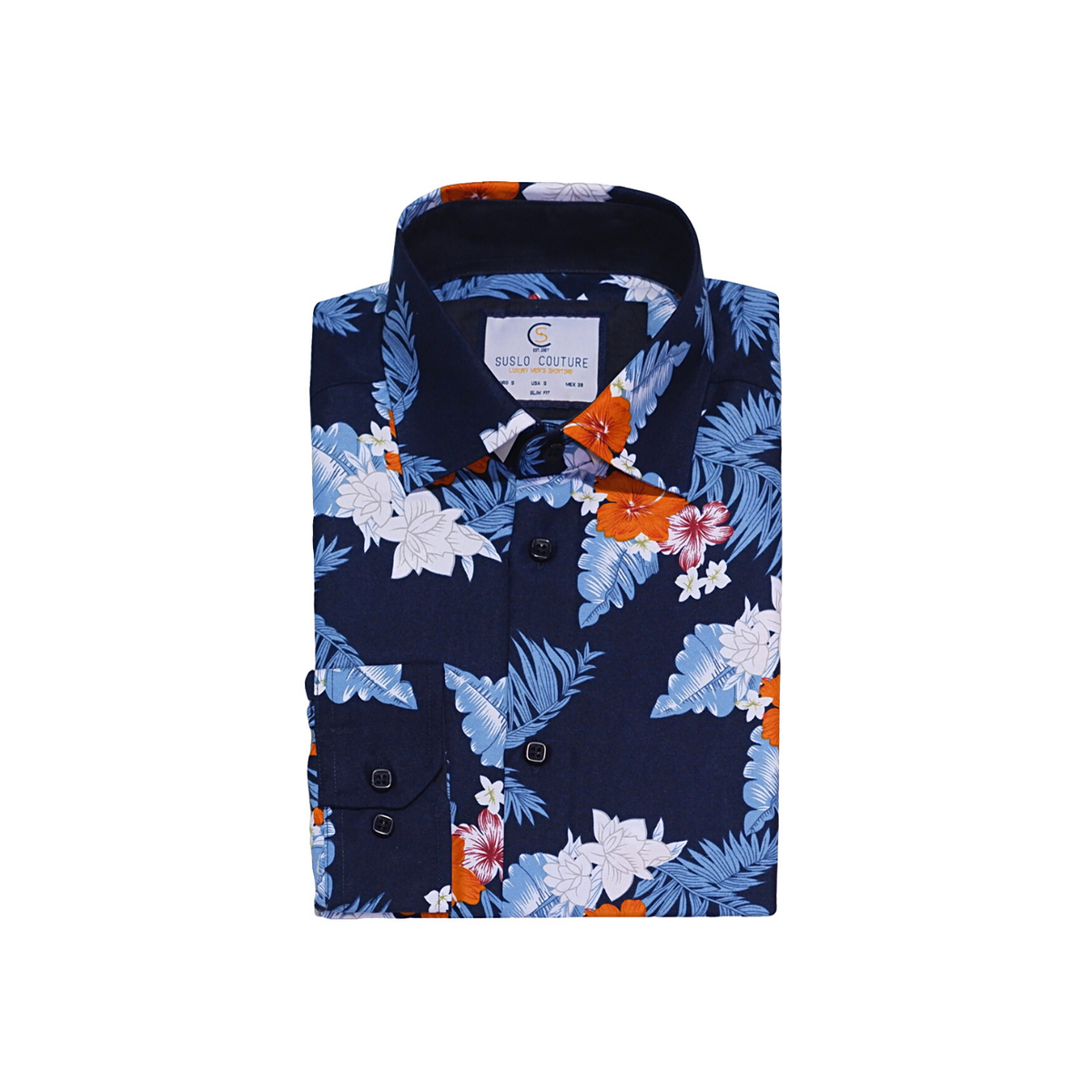 Navy Blue & Orange Floral Dress Shirt - Slim Fit –