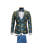3pc Teal & Gold Floral Tuxedo - Front View