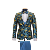 3pc Teal & Gold Floral Tuxedo - Front View