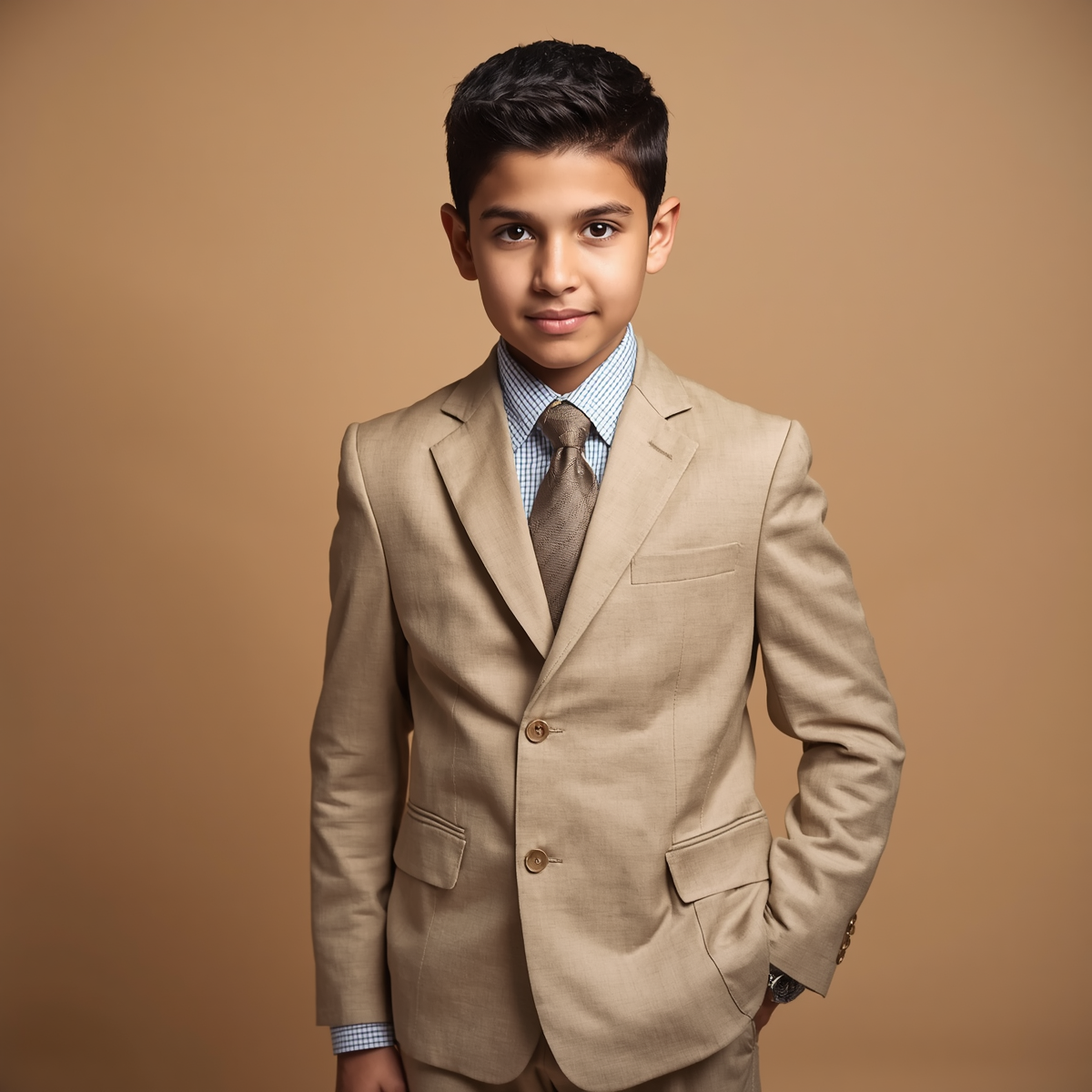 10 year old boy wearing a beige suit with a beige background 