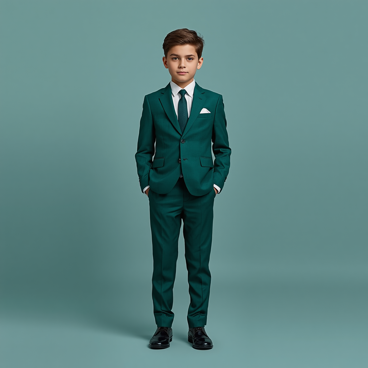 12 year old boy wearing hunter green suit standing in front of light bluish green background 