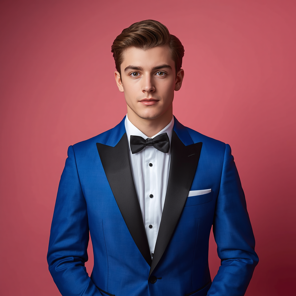 18 year old boy wearing blue tuxedo with a pink backqground 