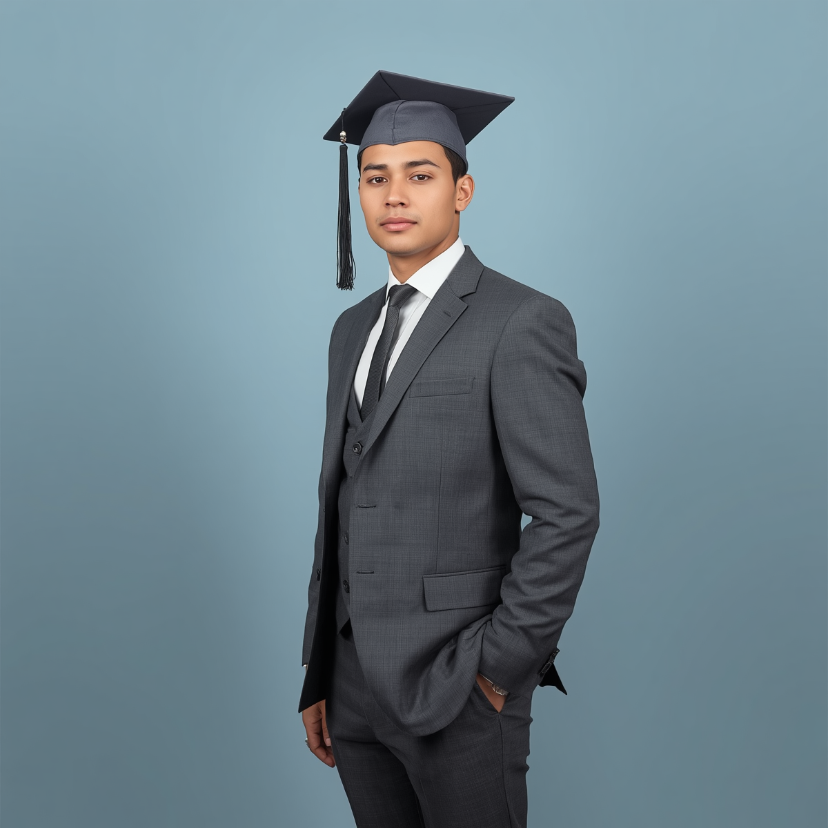18 year old man in a grey suit and cap for graduation with a cerulean background 
