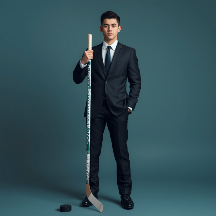 18 year old man in black suit greyish green background holding a hockey stick with a puck beside him