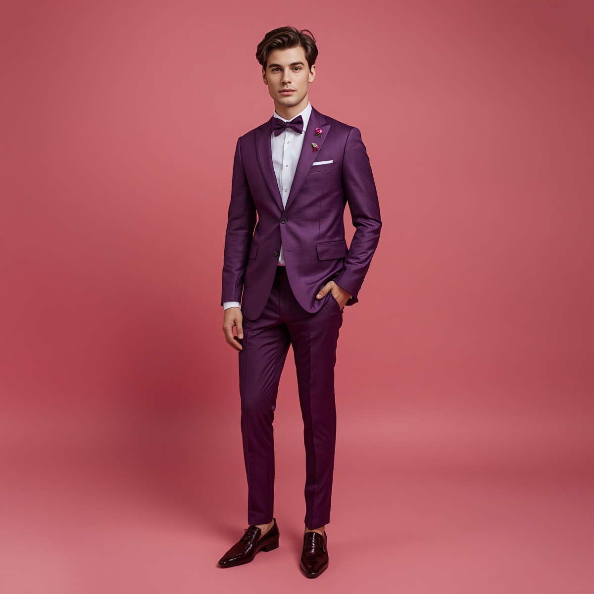 18 year old man wearing a purple suit with a salmon background 