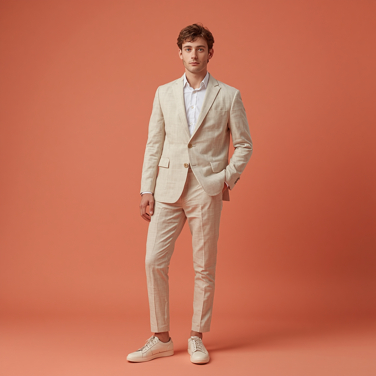 22 year old man in linen suit standing in front of coral background