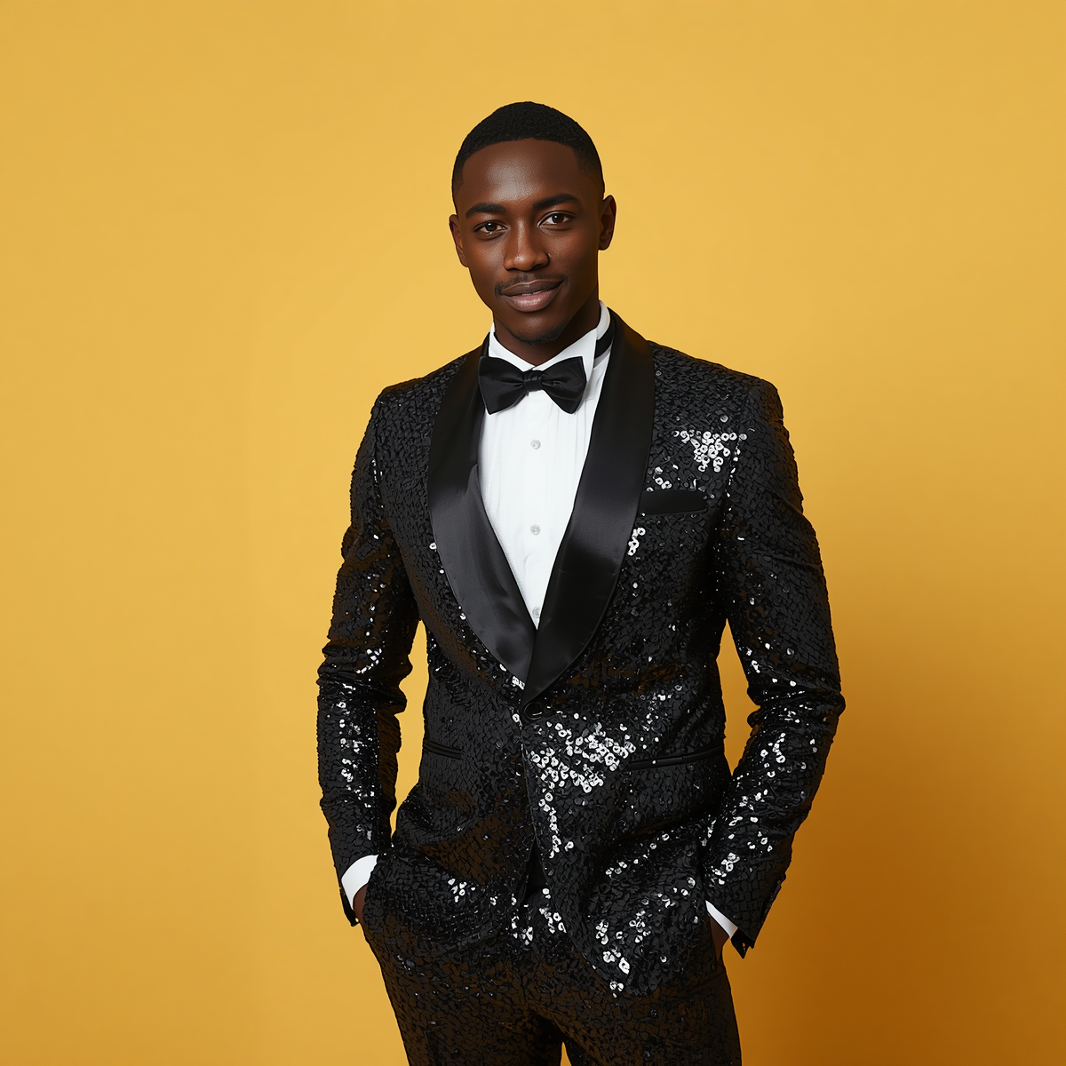 25 year old black man wearing black sequin tuxedo with a yellow background 