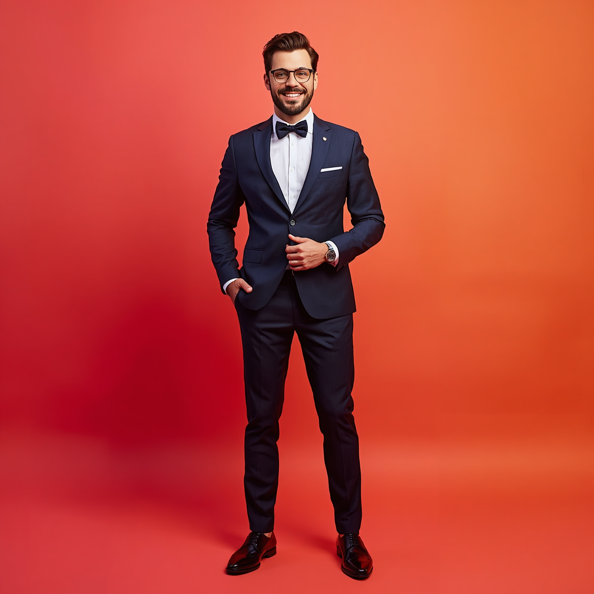 25 year old man wearing glasses and a watch in navy blue suit redish orange background