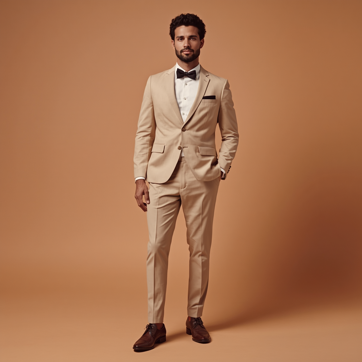30 year old man wearing a beige suit matching black bowtie and pocket square with a beige background