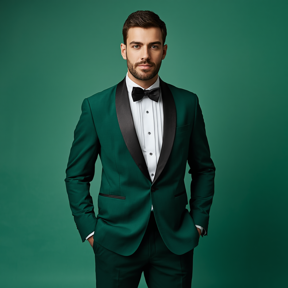 30 year old man wearing a green tuxedo
