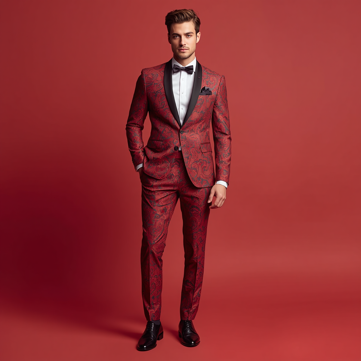 30 year old man wearing red paisley tuxedo black bowtie and pocket square in front of a solid red background 