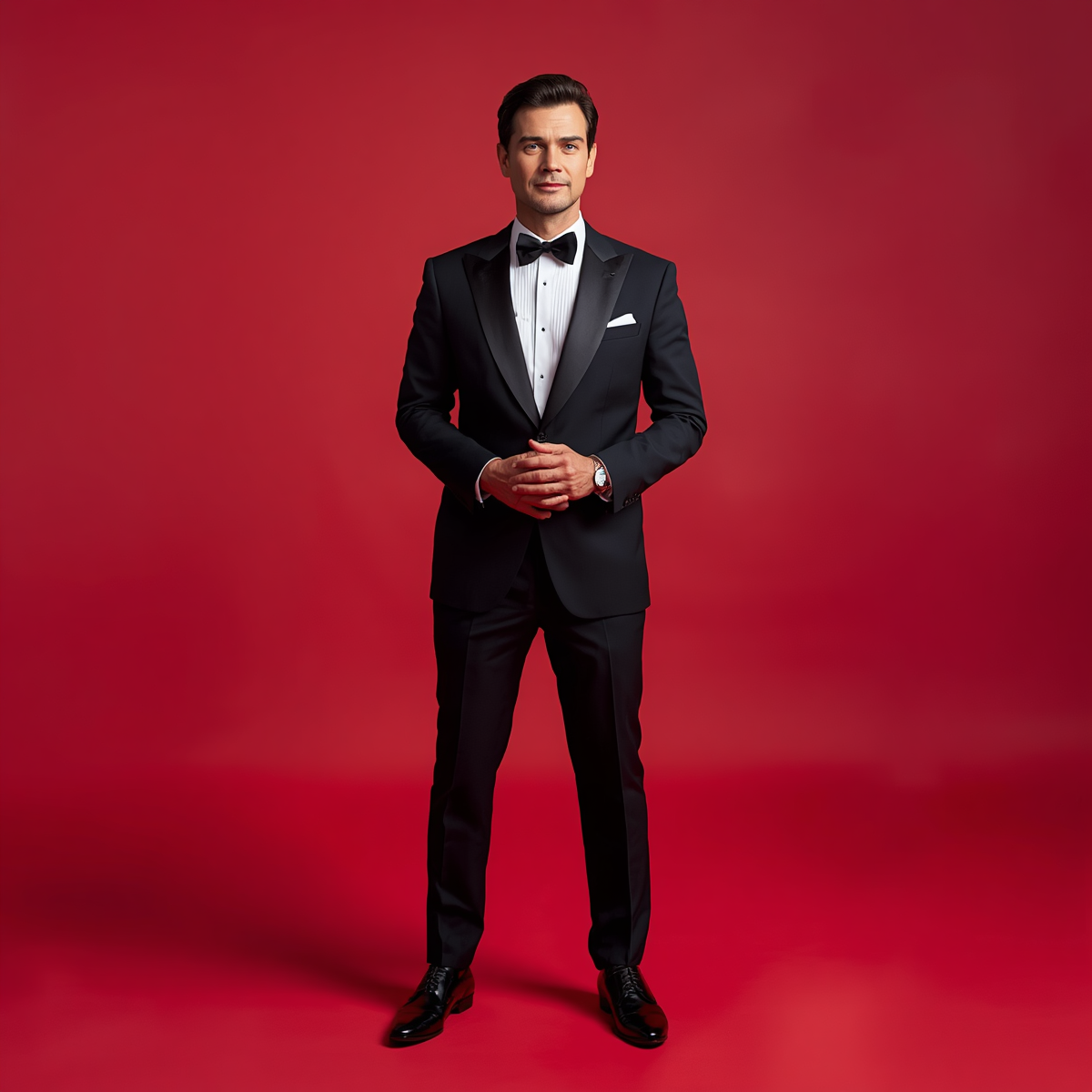 40 year old man in black tuxedo with red background