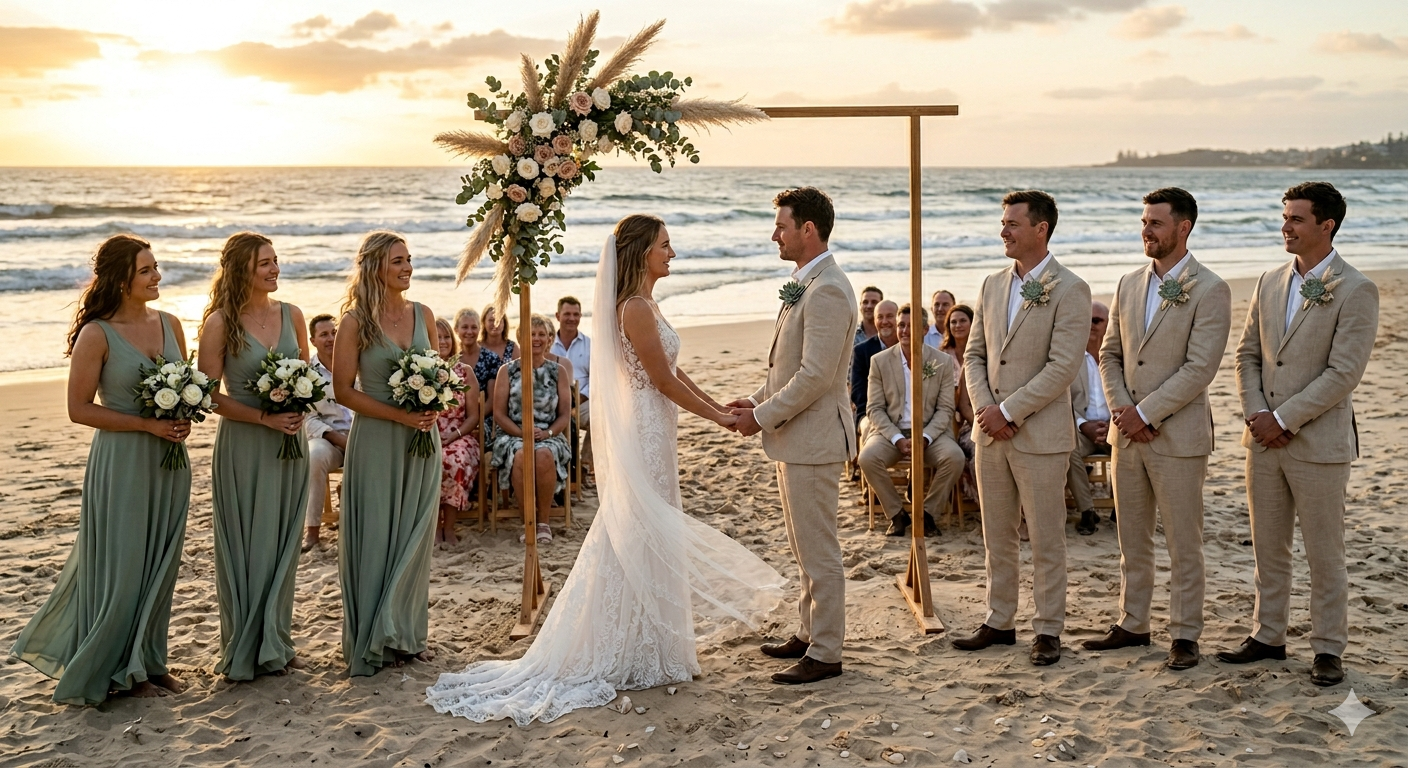 A beach wedding with three groomsmen wearing beige linen suits to the right side and three bridesmaids in sage green wedding dresses to the left behind them are their families in seats the ocean and a  sunset 