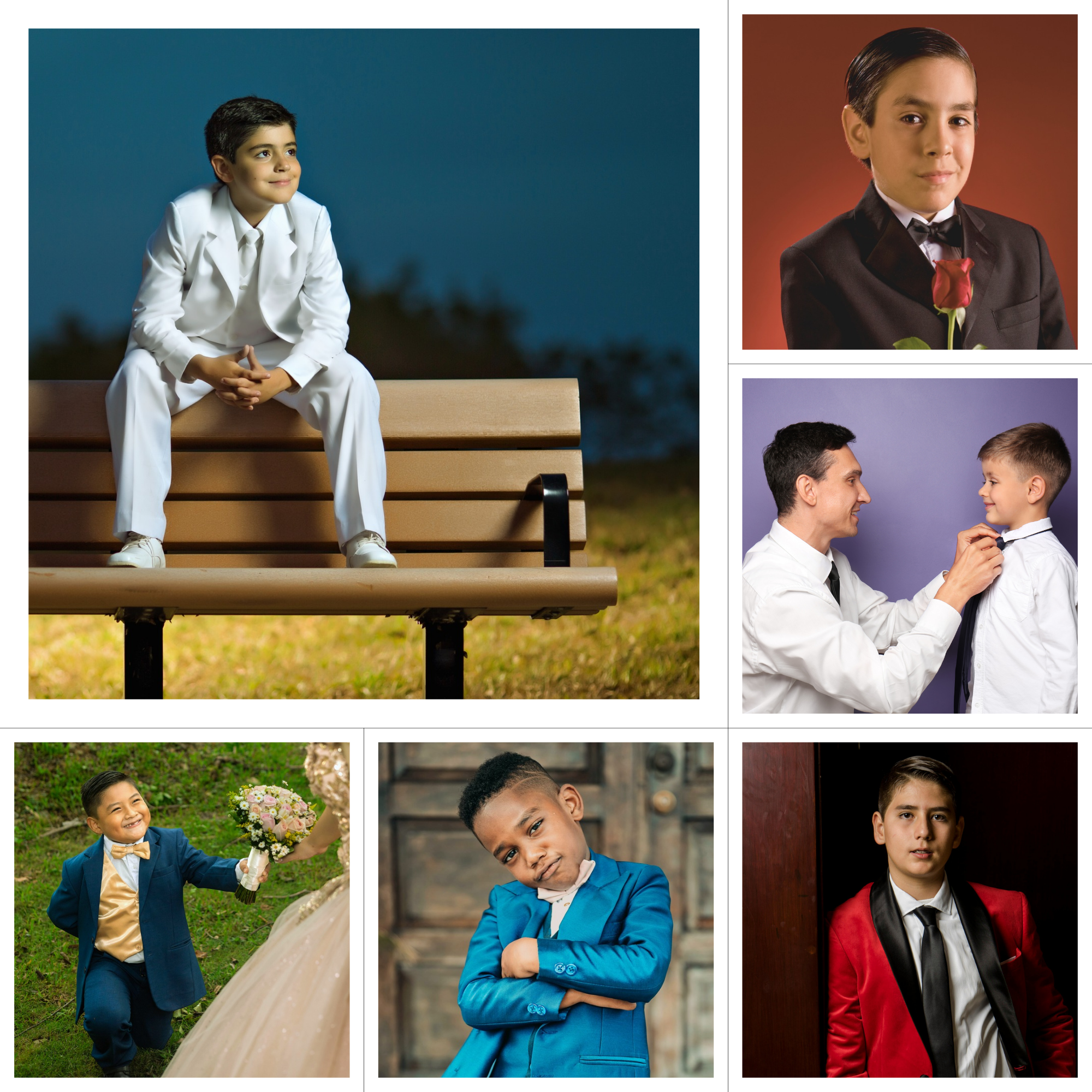 A collage of boys wearing suits 