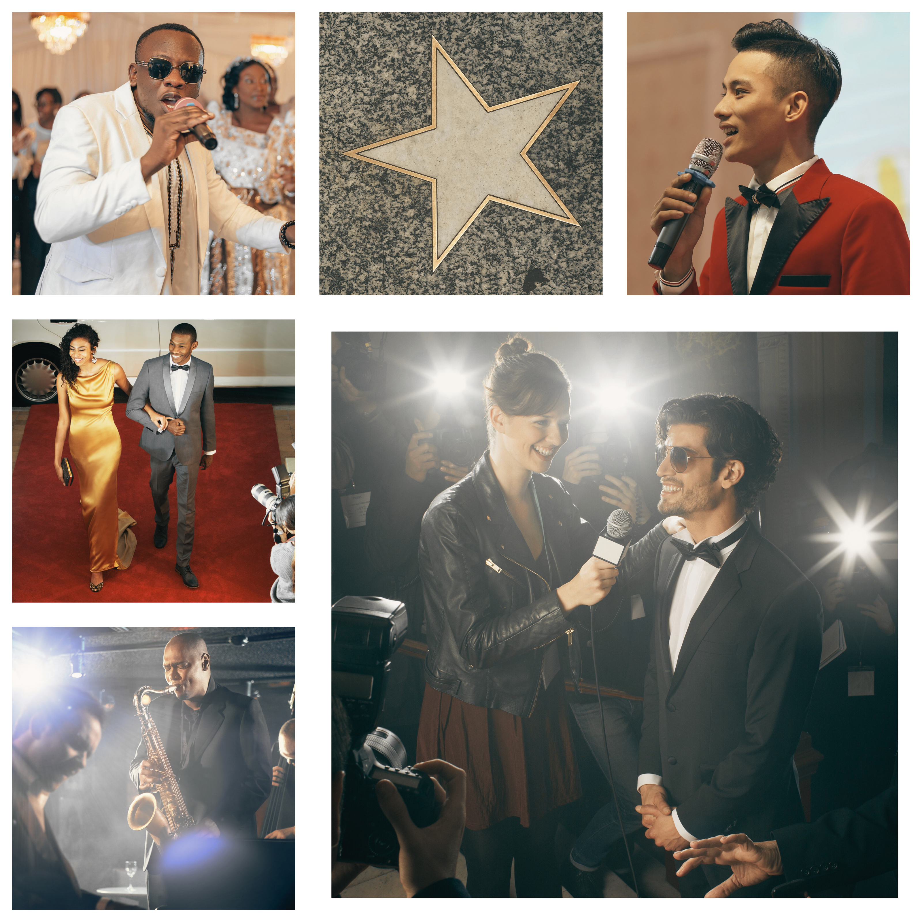 5 picture collage of men wearing suits 