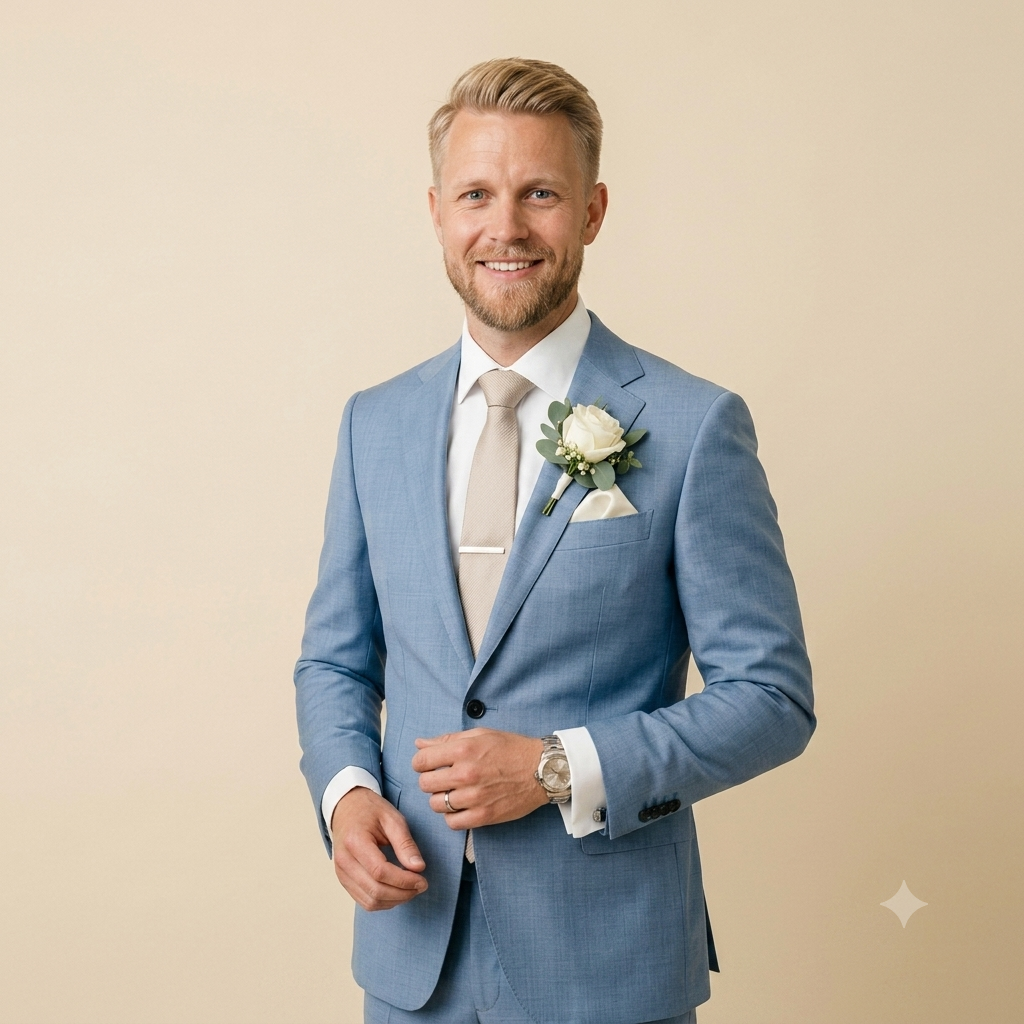 30 year old Caucasian man wearing light blue suit with an off white dress shirt cream tie cream background 