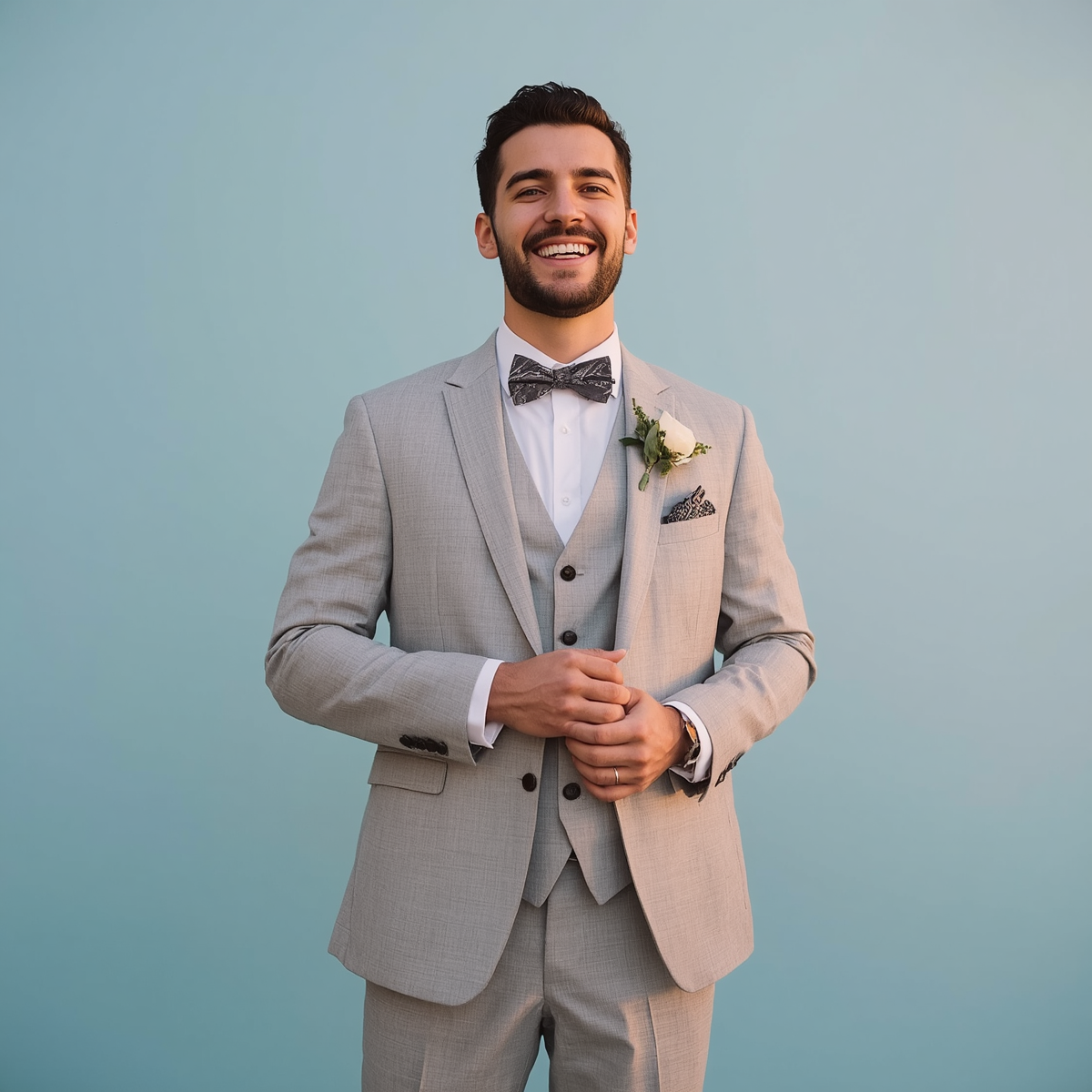Man in light grey wedding suit with a light blue background 