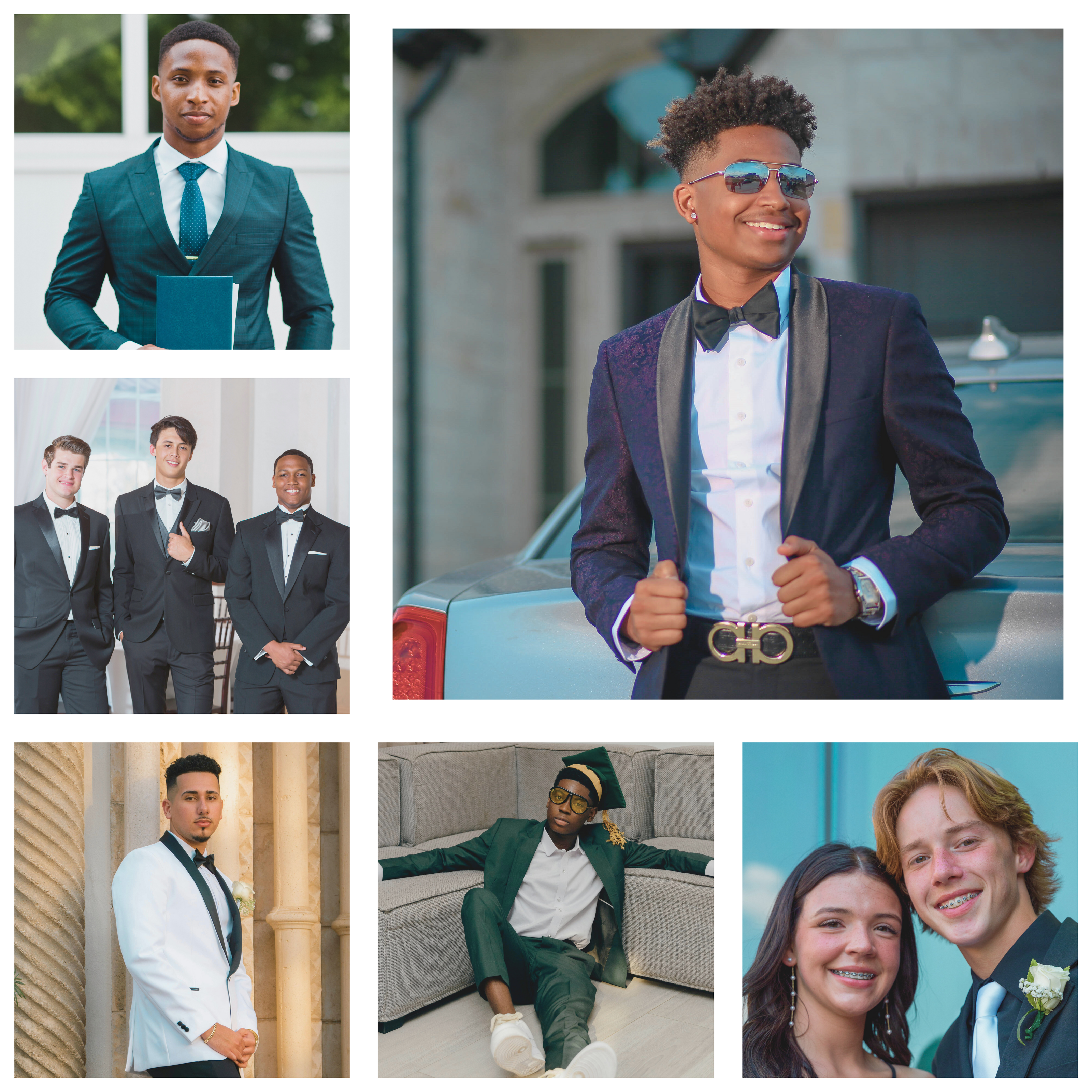 A collage of 5 pictures of men in prom and grad suits
