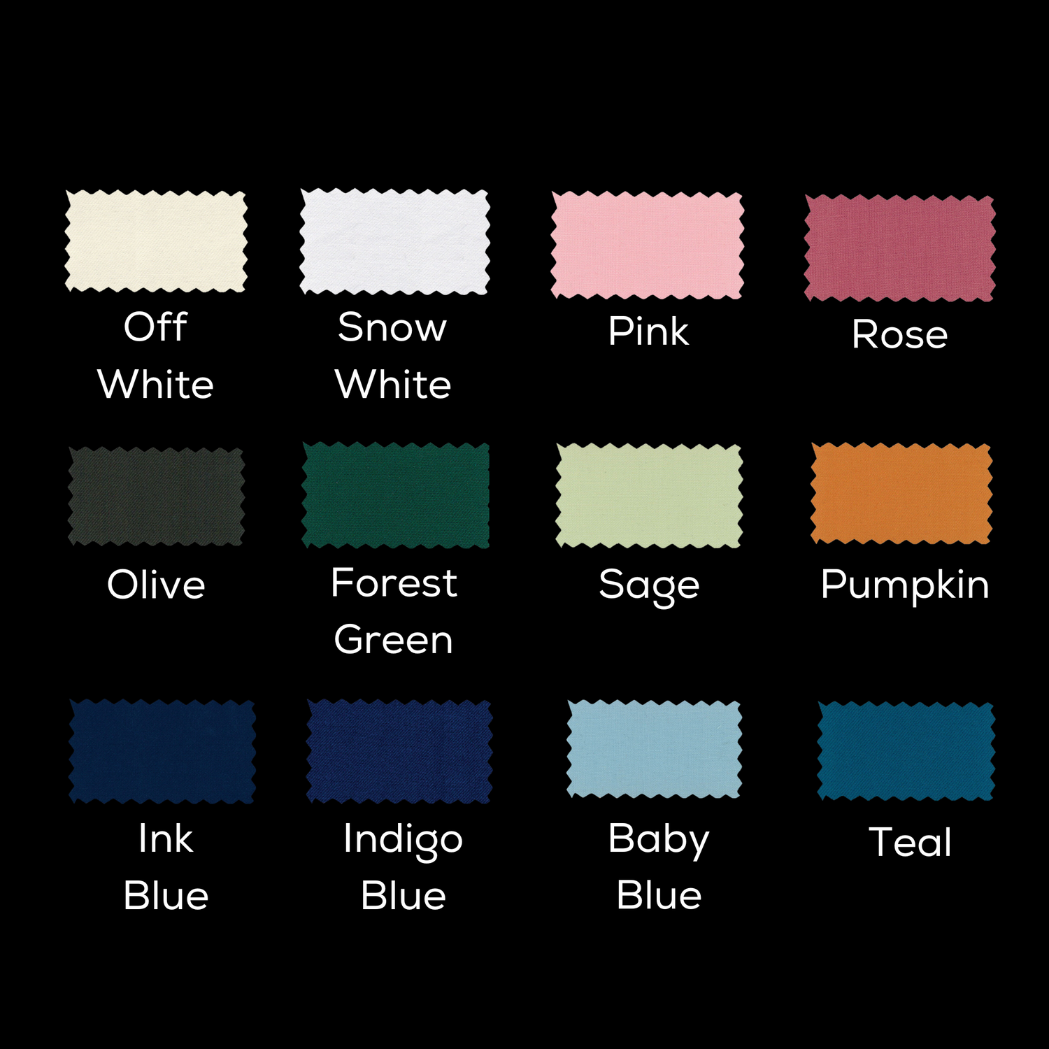 Seasonal suit swatches in 3 rows of 4 with their names listed under
