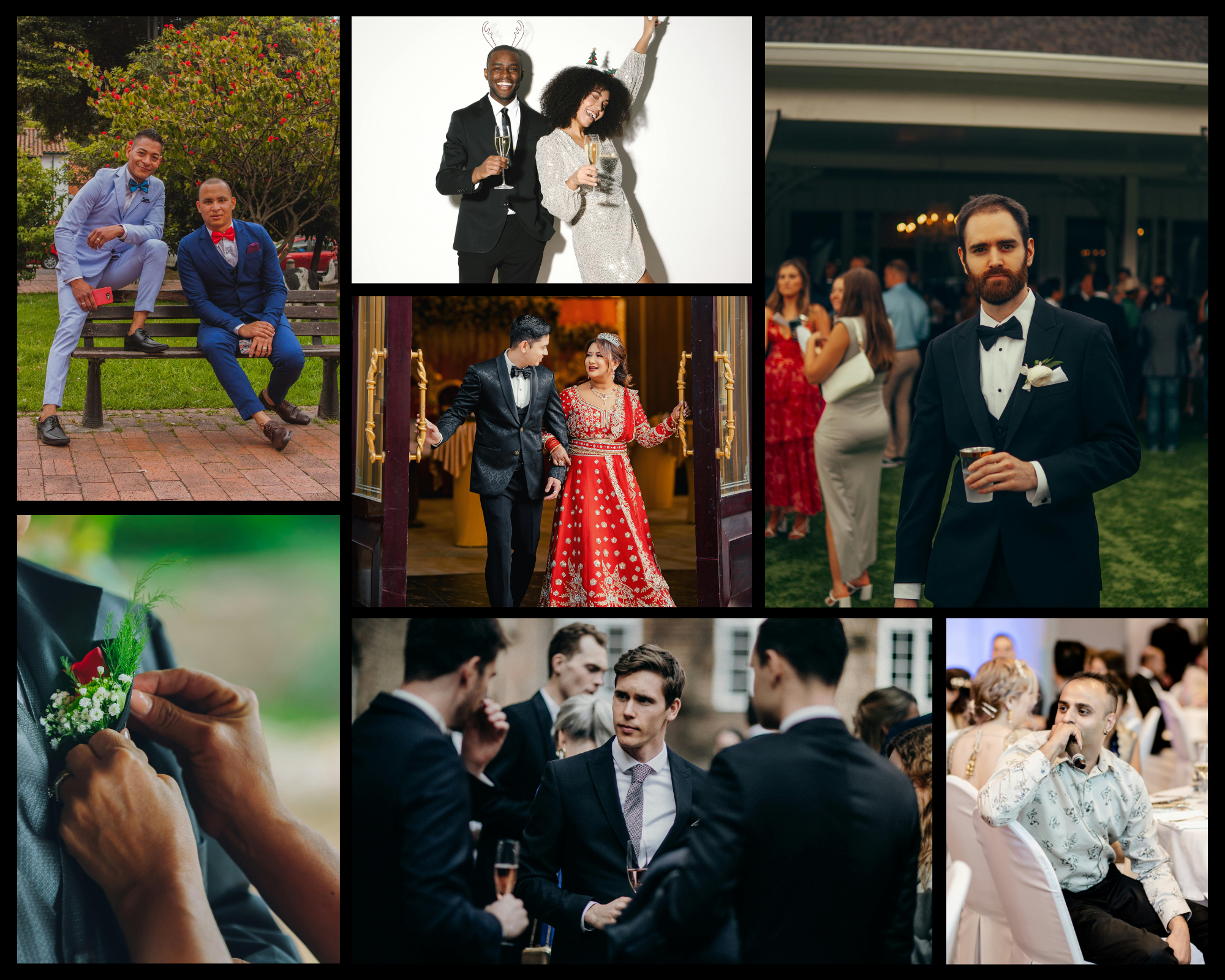 A collage of people celebrating different special occasions in formal suit attire