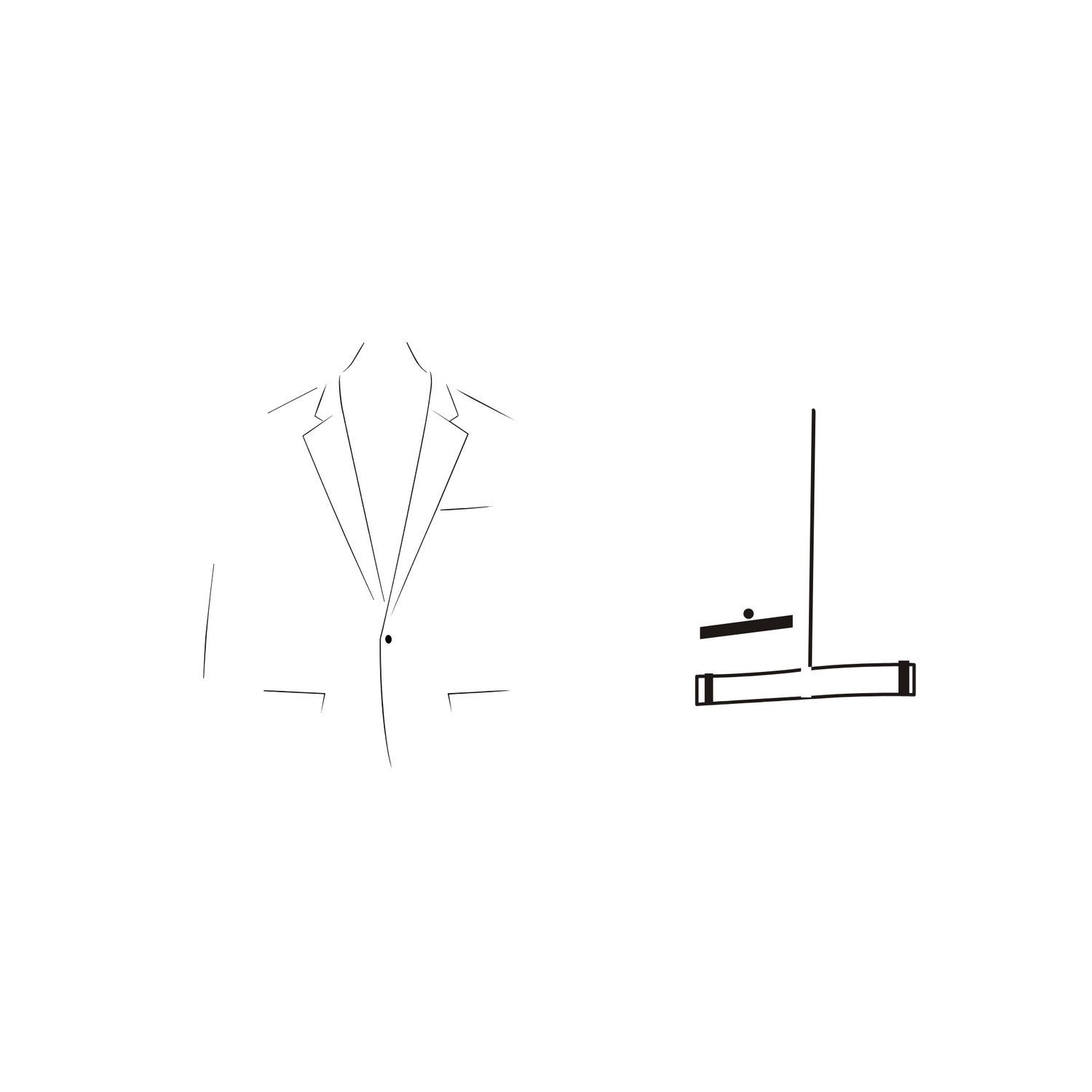 A graphic of a suit seperate with the jacket on the hanger and dress pants folded over the hanger 