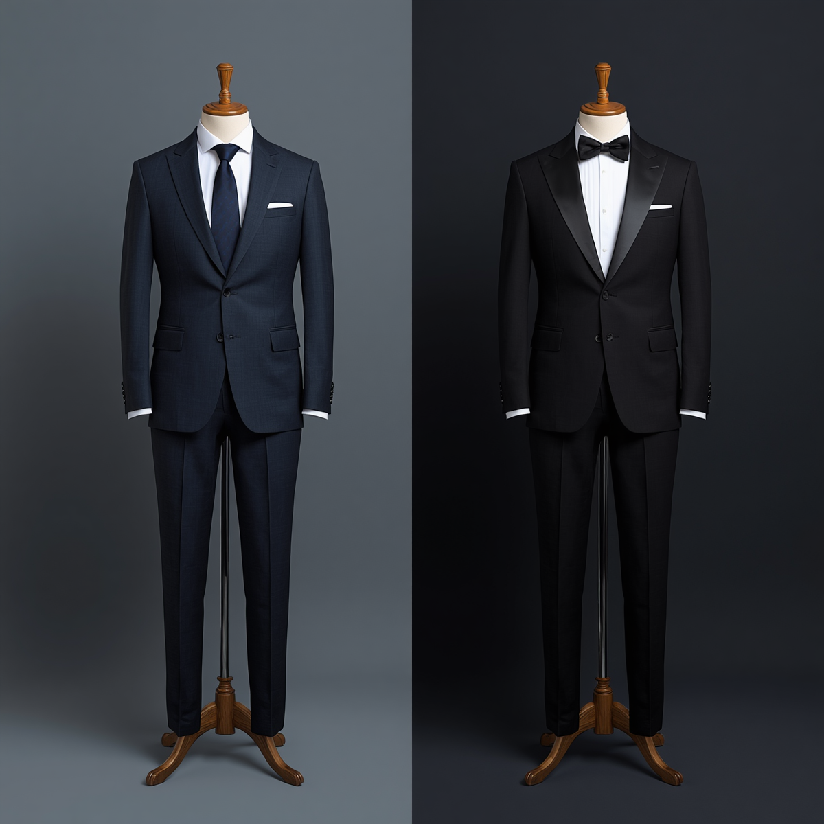 Blue suit and black tuxedo mannequins without heads or feet next to each other one has a grey background and one has as black background 
