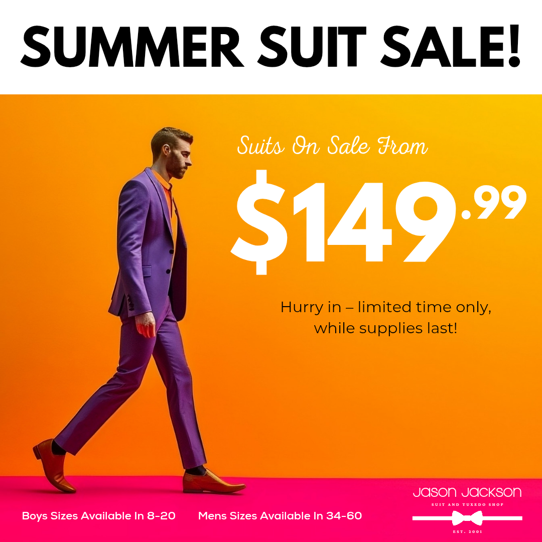 A poster describing the summer suit sale happening at jason jackon with a man walking in a purple suit