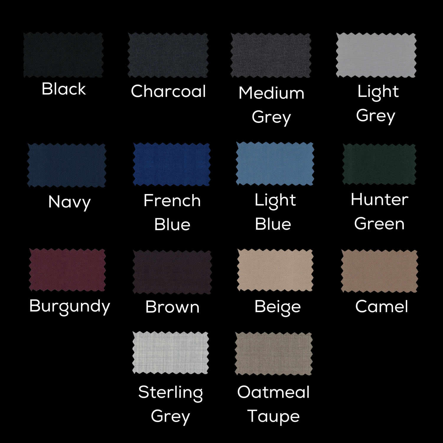 Suit swatches paired with their name underneath rows of 4 with a total of 14 