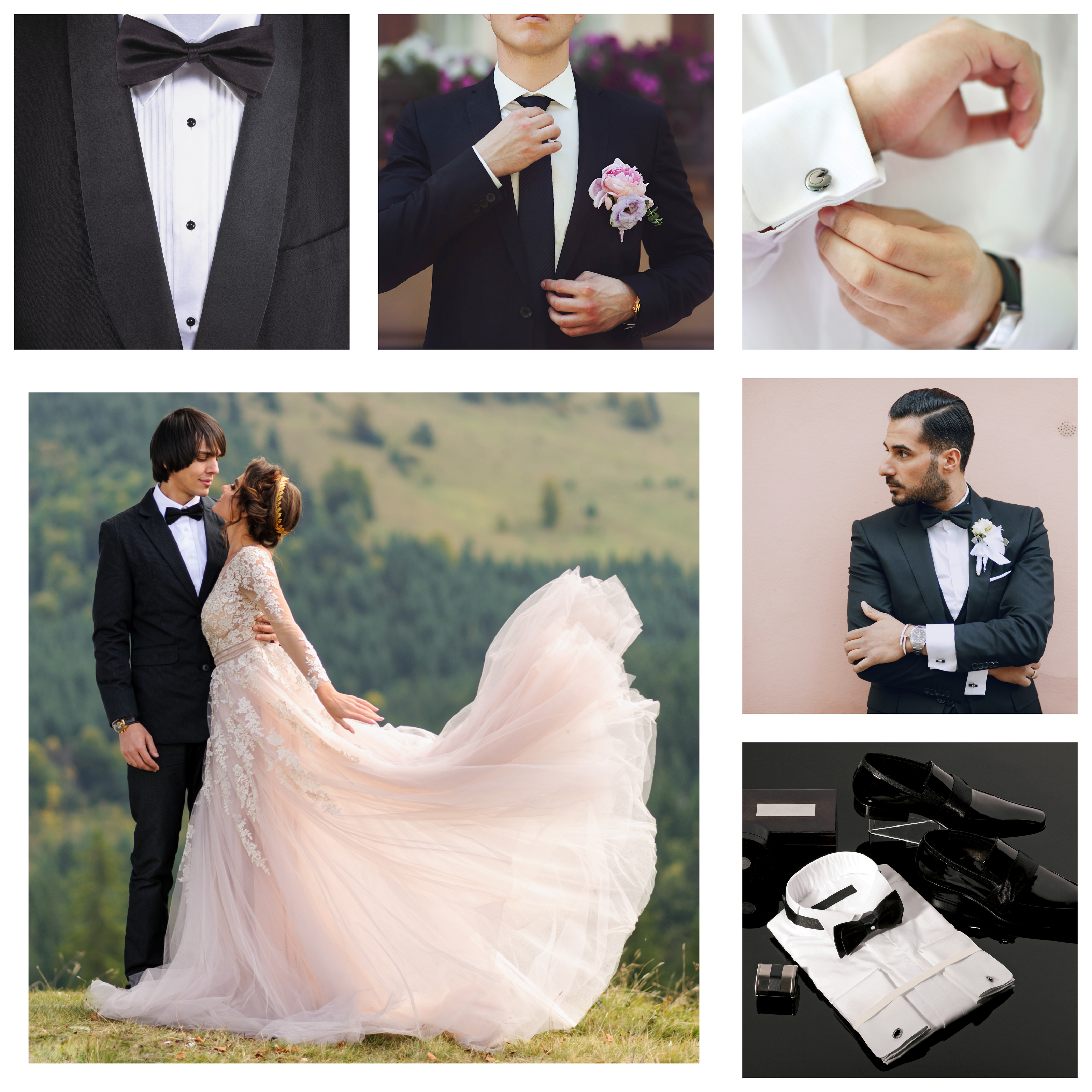 Wedding Collage of four pictures each picture zooms in to different details of the suit with the fifth picture of a couple in a bigger square