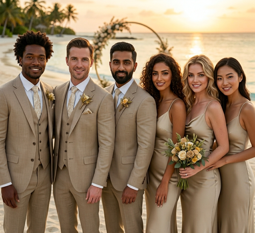 Wedding party with beach background with 3 men in camel suits and 3 women in camel dresses