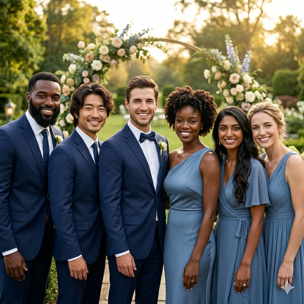 A wedding party in a garden posing for a picture 3 men are wearing royal blue suits beside 3 women wearing light blue dresses 