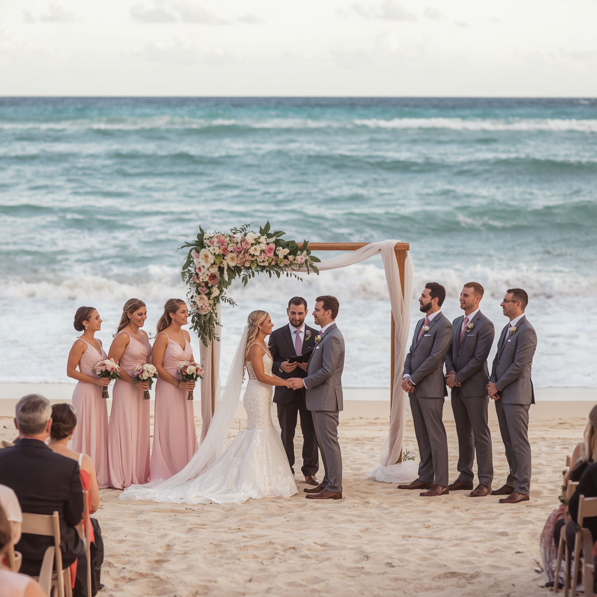 Beach wedding with groomsmen and bridesmaids 