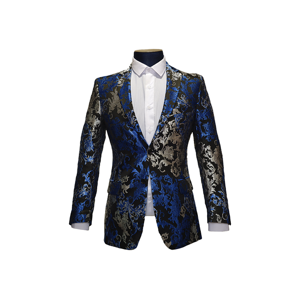 Blue & Silver Notch Lapel Floral Blazer - Front View