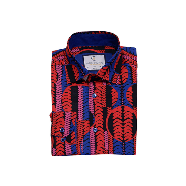 Red & Royal Blue Abstract Pattern Dress Shirt - Slim Fit - Front View