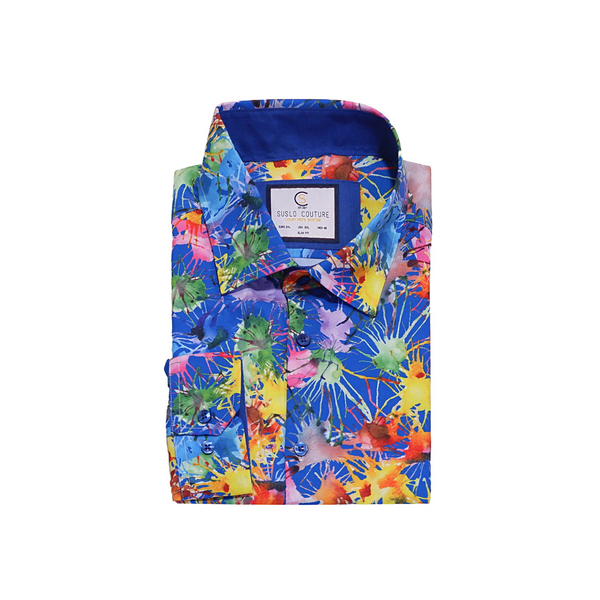 Blue Colorful Splatter Pattern Dress Shirt - Slim Fit - Front View