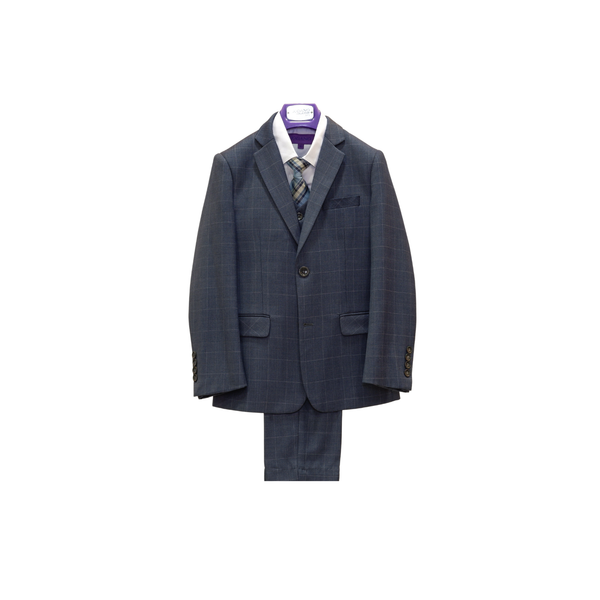 4pc Blue Grey Check Pattern Boy's Suit - Front View