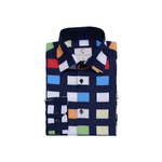 Navy Blue & Multicolor Abstract Square Pattern Dress Shirt - Slim Fit - Front View