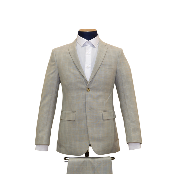 2pc Light Grey & Beige Plaid Suit - Slim Fit
