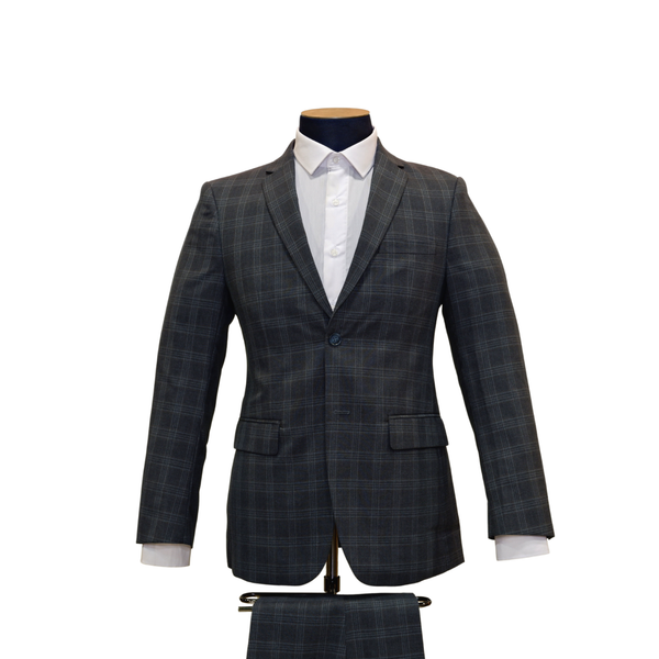 2pc Charcoal Grey & Light Blue Plaid Suit - Slim Fit