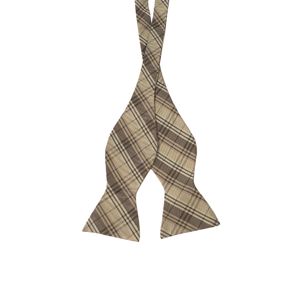 Beige & Brown Plaid Pattern Self-Tie Bow Tie - Front View