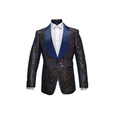 Navy Blue and Gold Shawl Lapel Floral Blazer - Front View