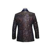 Navy Blue and Gold Shawl Lapel Floral Blazer - Back View