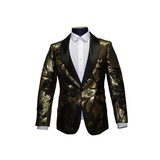 Black & Gold Shawl Lapel Leaf Pattern Blazer - Front View