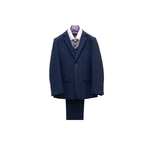 4pc Navy Blue Plaid Pattern Boy's Suit - Front View