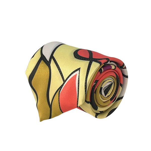 Yellow Multicolour Abstract Pattern Silk Tie - Front View