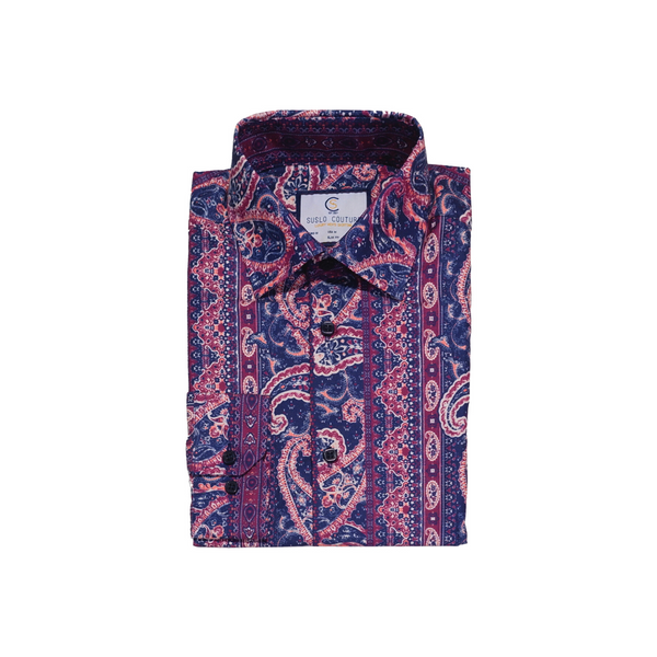 Magenta Pink & Navy Blue Paisley Pattern Shirt - Front View