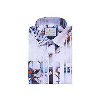 White & Blue Faded Stripe Pattern Dress Shirt - Front View