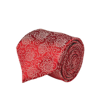 Red & White Rose Pattern Silk Tie - Front View