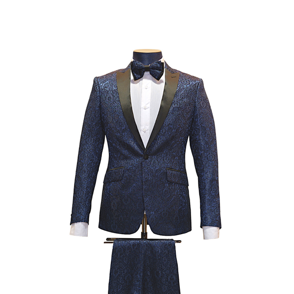 2pc Navy Blue Floral Tuxedo - Front View