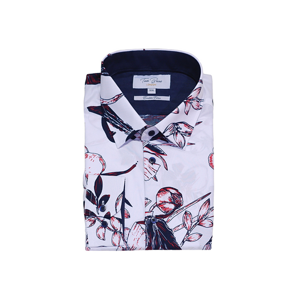 White & Pink Floral Dress Shirt - Front View